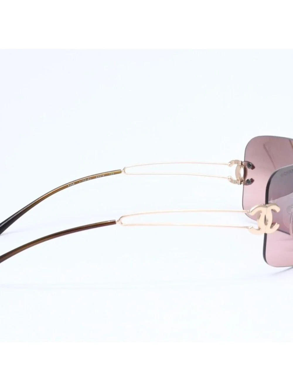 Chanel Rimless Sunglasses Eyewear CC Logo Brown Gold